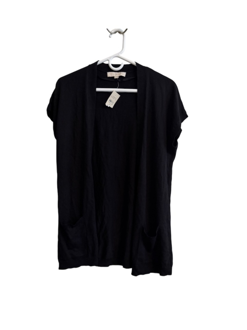 LOFT Cardigan Black Short Sleeve Open Front With Pockets Medium Petite